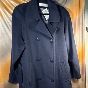 Vintage 80’s camel dark Navy Double-Breasted Coat big shoulders‎ belt bag b60